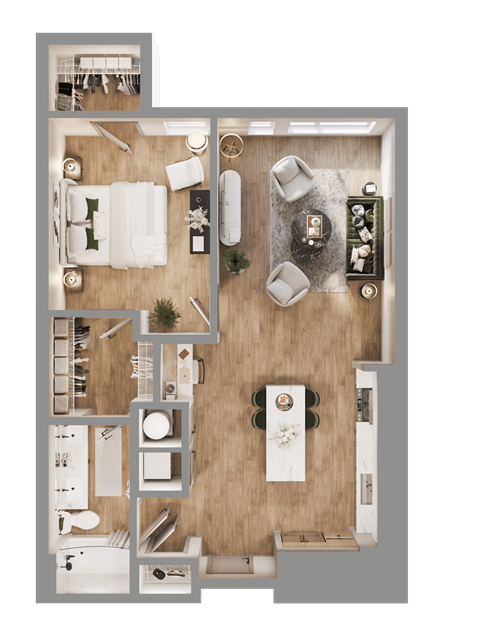 Floor plan for 1 bed, 1 bath, 851 sqft